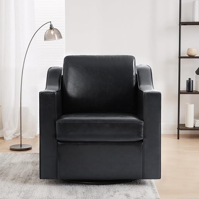 UIXE Swivel Accent Chair Set of 2, Faux Leather Upholstered Arm Chair for Living Room, Modern Club Armchair Comfy Single Sofa Bedroom Reading Seat with Lumbar Pillow - Black
