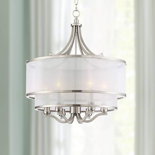 Possini Euro Design Luxe Nickel Pendant Light - 6 Light, Brushed Nickel Finish, White Organza Shade, Luxe Modern Pendant for Kitchen Islands, Dining Rooms, and Living Rooms - 26" Wide, 23" High