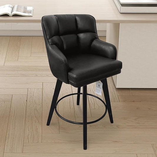 360°Swivel Counter Height Bar Stools with Back, 26 inch Solid Wood Legs, Bar Stool Modern Kitchen Island Chairs, Faux Leather (Black- Faux Leather, 26" H- Set of 1)