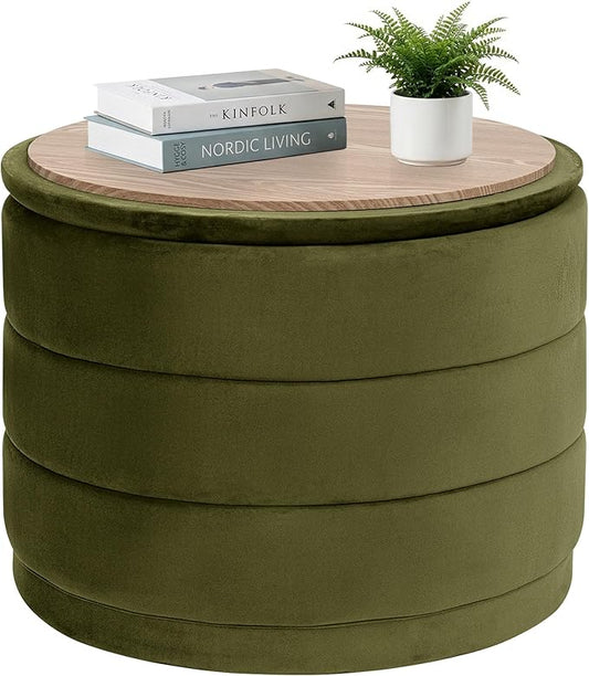 PINPLUS Large Round Velvet Storage Ottoman, Olive Green Upholstered Footstool with Hidden Storage, Sturdy Coffee Table Ottoman for Living Room & Bedroom
