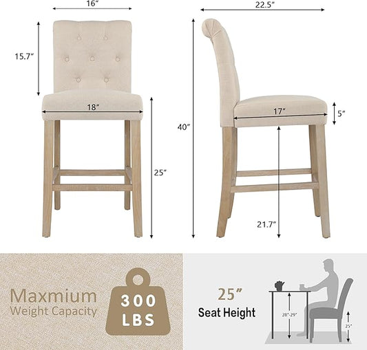 GOTMINSI 24" Bar Stools Set of 2 for Kitchen Island Upholstered Counter Height Bar Stools with Button Tufted Decoration Barstools Home Kitchen Island Wooden Bar Chairs Beige