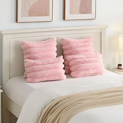 FUTEI Pink Decorative Throw Pillow Covers 18x18 Inch Set of 2, Square Soft Faux Rabbit Fur Thick Striped Cushion Cover,Winter Home Decor for Couch Bed Living Room