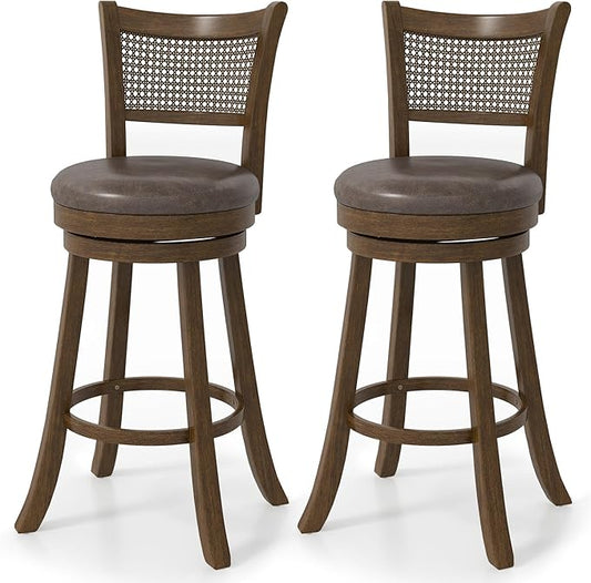 COSTWAY 30” Swivel Bar Height Barstool Set of 2, Rubber Wood Bar Stools with Rattan Backrest, Footrest, Upholstered Leathaire Armless Chairs for Kitchen Island, Pub, Brown(2, 30” Seat Height)