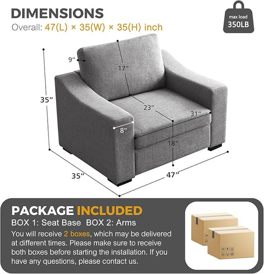 ELUCHANG 47" W Oversized Accent Chair Set of 2, Linen Fabric Modern Chair, Washable Covers, Comfy Upholstered Large Reading Armchair for Living Room, Bedroom, Office, Dark Grey