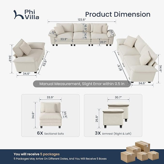 PHI VILLA Cloud Modular Couches Sets, 3 Pieces Large Sectional Sofa Set with Loveseats & Single Sofa, 6-Seater Upholstered Couch for Living Room, Chenille Fabric, Beige