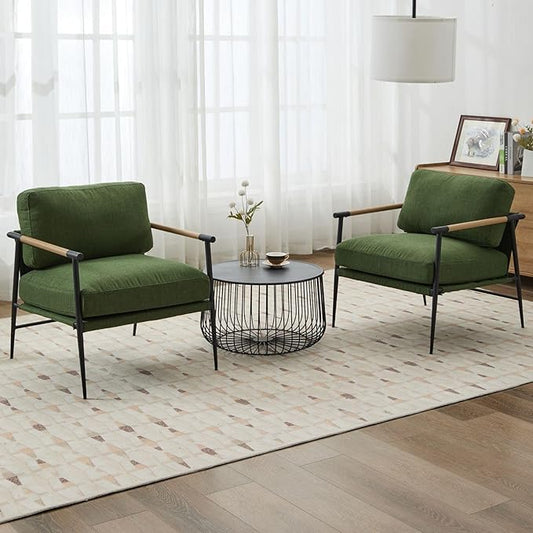 LukeAlon Mid-Century Linen Accent Chairs Set of 2, Soft Living Room Chairs with Metal Legs Modern Armchairs Lounge Chairs Upholstered Comfy Leisure Chairs for Bedroom Reading Room Waiting Room, Green