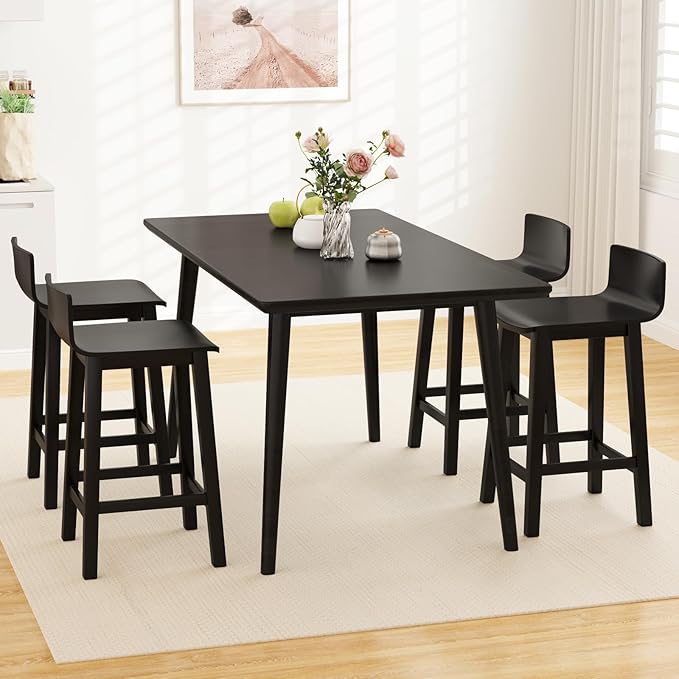 COSTWAY Solid Wood Bar Stools Set of 4, 24.5-inch Counter Height Chairs with Low Back and Footrest, Farmhouse Wooden Armless barstools for Kitchen Island, Dining Room, Cafe, Breakfast, Black