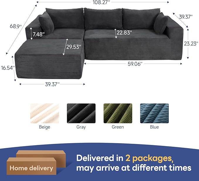 2025 New 108" Cloud Couch Sectional, Modular Sectional Sofa with L-Shaped Chaise, Deep Seat Sectional Modular Couch for Living Room, No Assembly Required (Gray, Chaise Ottoman)