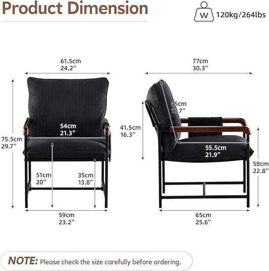 CLIPOP Accent Chair with Corduroy Fabric, Wood Armrests, Removable Cover, Side Pocket, Comfortable Armchair for Living Room & Bedroom, Durable Comfy Reading Chair for Home Office, Black
