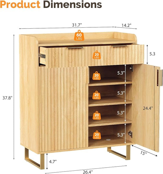 VINGLI Fluted Shoe Cabinet with Drawer and Doors, Wooden Entryway Shoe Storage Cabinet with Adjustable Shelves, Modern Tall Shoe Organizer with Gold Metal Legs for Hallway, Living Room, Bedroom, (Oak)