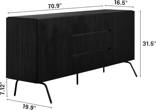 NTC Veil Large Sideboard with 2 Doors and 3 Drawers, Buffet Cabinet with Vertical Groove Design and Metal Legs, Storage Cabinet for Living Room, and Entryway, Effortless Assembly - Burnt Black
