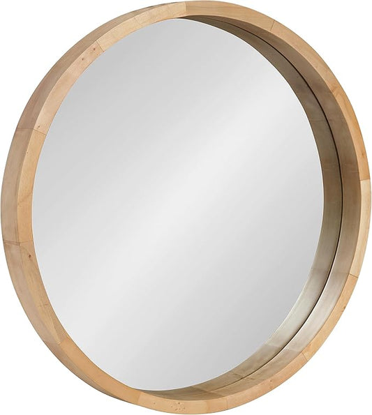 Kate and Laurel Hutton Round Decorative Modern Wood Frame Wall Mirror, 22 Inch Diameter, Natural Finish