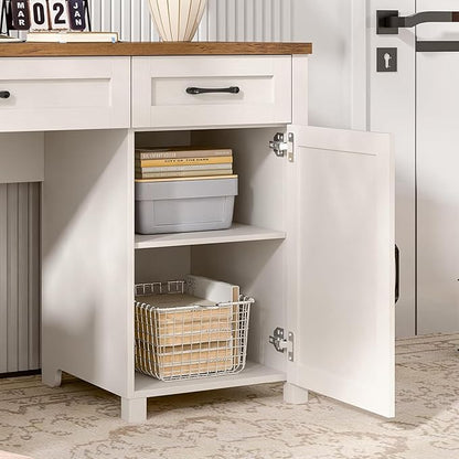 Farmhouse 61'' Executive Desk with 5 Drawers, Rustic Office Desk Computer Table with Charging Station, File Drawers and Storage Cabinet, Wood Workstation for Study and Home Office,(Unique White)