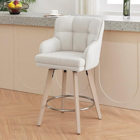 360°Swivel Counter Height Bar Stools with Back, 26 inch Solid Wood Legs, Bar Stool Modern Kitchen Island Chairs, Fabric (Beige- Fabric, 26" H- Set of 1)