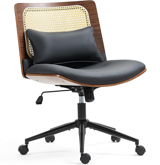 Rattan Office Chair, Criss Cross Legged Office Desk Chairs with Wheels, PU Leather Adjustable Swivel Walnut Task Chair with Wide Seat, Ergonomic Mid Back Computer Chair for Meeting Room, Home