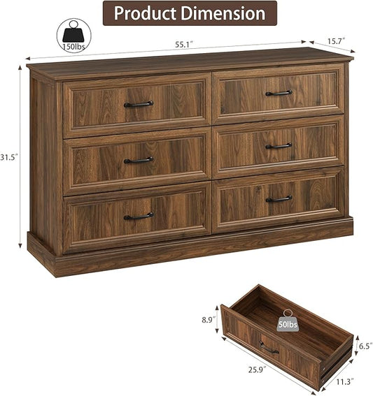 Farmhouse 6 Drawer Dresser for Bedroom, 55 Inch Wide Modern Walnut Dresser TV Stand with Large Drawers & Bar Handles, Rustic Wood Chest of Drawers for Bedroom, Living Room, Hallway, Entryway.