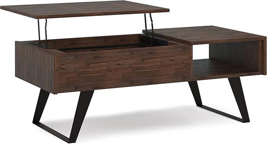 SIMPLIHOME Lowry Lift Top Coffee Table - 48 inch Wide Solid Acacia Wood and Metal Living Room Table in Distressed Charcoal Brown, Modern Industrial Cocktail Table with Hidden Storage and Open Shelf