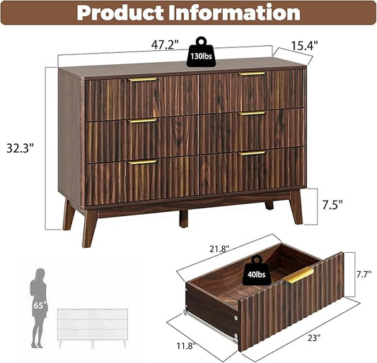 Modern 6 Drawer Dresser, Walnut, Fluted Wave Design, Rounded Corners, Mid Century Dresser TV Stand, 48" Wide Chest of Drawers for Bedroom and Living Room