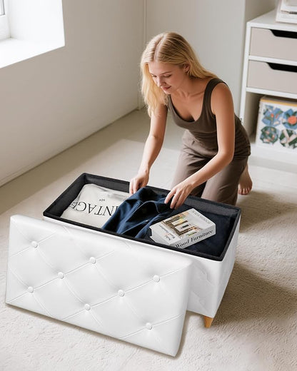 GLAXYFUR 30 Inches Storage Ottoman Bench with Wooden Legs, Faux Leather Folding Ottoman Foot Rest, Storage Bench for Living Room, Hallway & Bedroom, Upgrade Large Capacity (Engineered Wood, White)