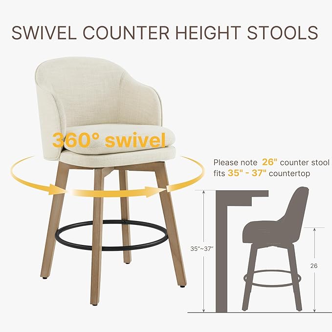 Counter Height Barstools 26 inch Upholstered Swivel Bar Stools with Back and Wood Legs for Kitchen Island,Set of 1,Linen Fabric