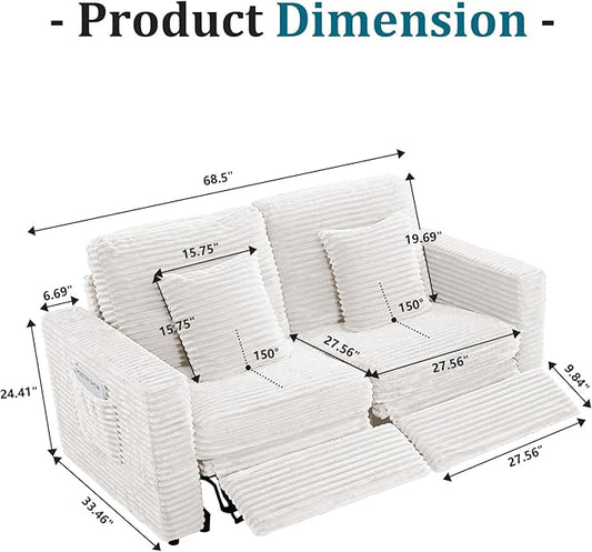 ORRD Power Reclining Sectional Sofa, Electric Loveseat Recliner with 2 Electric Footrest and Adjustable Headrest, Modern Plush Corduroy Fluffy Reclining Sectional with Deep Seat for Living Room-White