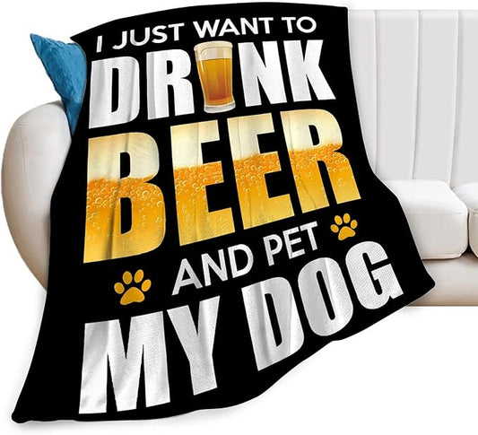 Funny Beer and Dog Throw Blanket - Gifts and Decor for Men Women Adults - Soft Warm Cozy Fleece for Couch Sofa Bed 50"x40"