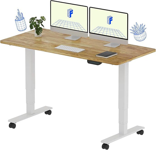 FLEXISPOT E6 MAX Solid Wood Dual Motor 55x24 Inch 3-Stage Heavy Duty Standing Desk, 330lbs Weight Capacity, Height Adjustable Desk w/Cable Management & Wheels(Butcher Block Rubberwood + White Frame)