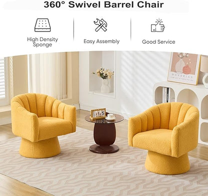 Swivel Accent Chair Set of 2, Upholstered Teddy 360° Swivel Barrel Chair for Living Room Overstuffed Bouncle Reading Chair Round Armchair for Bedroom,Vanity,Office-Mustard