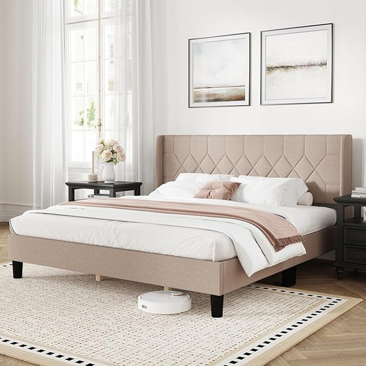Novilla King Bed Frame, King Bed Frame with Headboard, Linen Upholstered Pull-Point Wing Side Headboard, No Box Spring Needed, Heavy Duty Feet, Easy Assembly, Beige