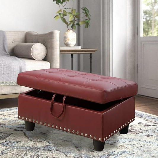 Faux Leather Storage Ottoman with Nailhead Trim, 28.5"X19.5"X17.5" Footrest Stool, Hidden Storage Foot Stool for Living Room, Bedroom Furniture, Red