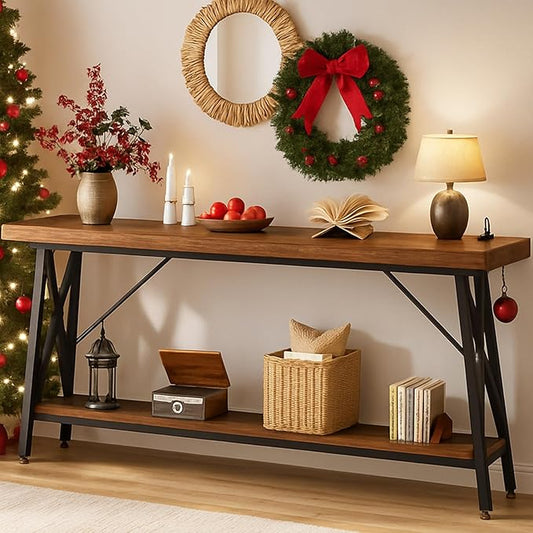 Homieasy 70.9 Inch Extra Long Console Table, Industrial Sofa Table Behind Couch with Charging Station & Storage Shelf, Entryway Table for Living Room & Entryway, Rustic Brown