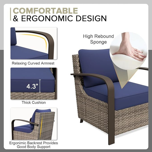 COOS BAY Aurora Terrace Half-Moon Outdoor Furniture Set, Rattan Conversation Set with Patio Chairs, Curved 4-Seat Sofa, Coffee Table & Side Table, Seats 6, Beige/Blue