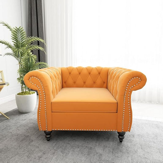 Living Room Chair, Modern Velvet Chesterfield Sofa Chair, Mid Century Single Sofa Couch Chair with Tufted Back and Rolled Arms, Accent Sofa Chair for Living Room Apartment, Yellow