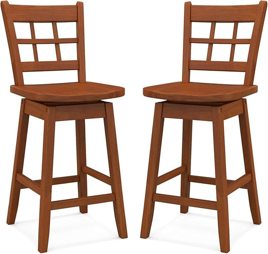 COSTWAY Swivel Bar Stools Set of 2, 24.5 Inch Counter Height Bar Chairs w/Hollow Backrest & Contoured Seat, Wooden Barstools w/Footrest for Kitchen Island, Pub, Bistro, Cafe (2, Walnut)