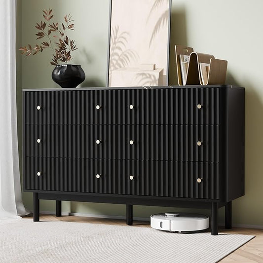 RECCI Fluted 6 Drawers Dresser for Bedroom, 54" Wide Chest of Drawers with 3D Fluted Panel, Faux Marble Top, Solid Wood Legs, Storage Drawers, TV Stand, Closet Chests for Bedroom, Black