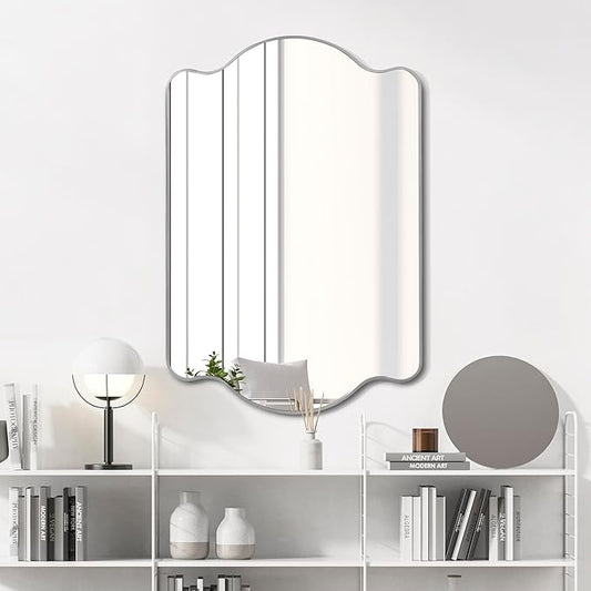 JONATHAN Y MIR205B Louisa 24 in. W x 36 in. H Medium Scalloped Rectangular Metal Framed Wall Mirror, for Bathroom, Living Room, Bedroom, Nickel
