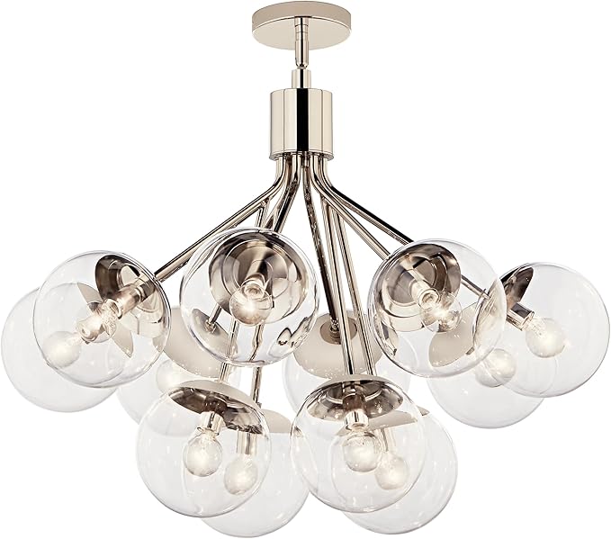 KICHLER Silvarious 12-Light Convertible Chandelier, Soft Modern Light with Clear Glass in Polished Nickel, for Dining Room, Living Room, Bedroom or Foyer (22.25" x 30"), 52701PNCLR