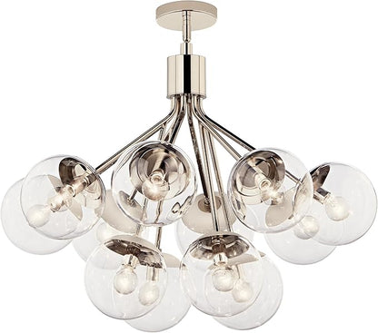 KICHLER Silvarious 12-Light Convertible Chandelier, Soft Modern Light with Clear Glass in Polished Nickel, for Dining Room, Living Room, Bedroom or Foyer (22.25" x 30"), 52701PNCLR