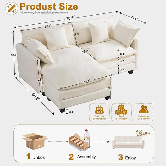 Cloud Chenille L-Shaped Sofa with Ottoman, 77" Space Saving Sectional Loveseat with Chaise, for Small Spaces, Easy Assembly, 1YR Warranty