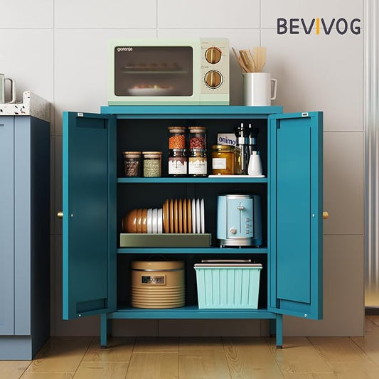 Bathroom Floor Storage Cabinet,Metal Storage Sideboard with 2 Doors and 2 Adjustable Shelves,Modern Small Storage Cabinets, Blue Metal Locker for Entryway,Living Room,Hallway