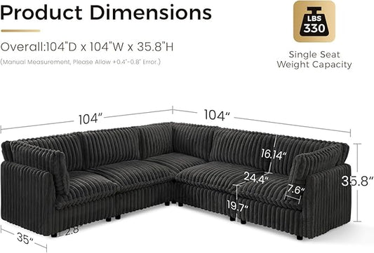 KKL Modular Sectional Couch for Living Room, V Shaped Corduroy Couches with Corner Seat, 5 Seater Oversized Sofa Convertible to Sleeper, Soft Fabric Modern Sofa, Black