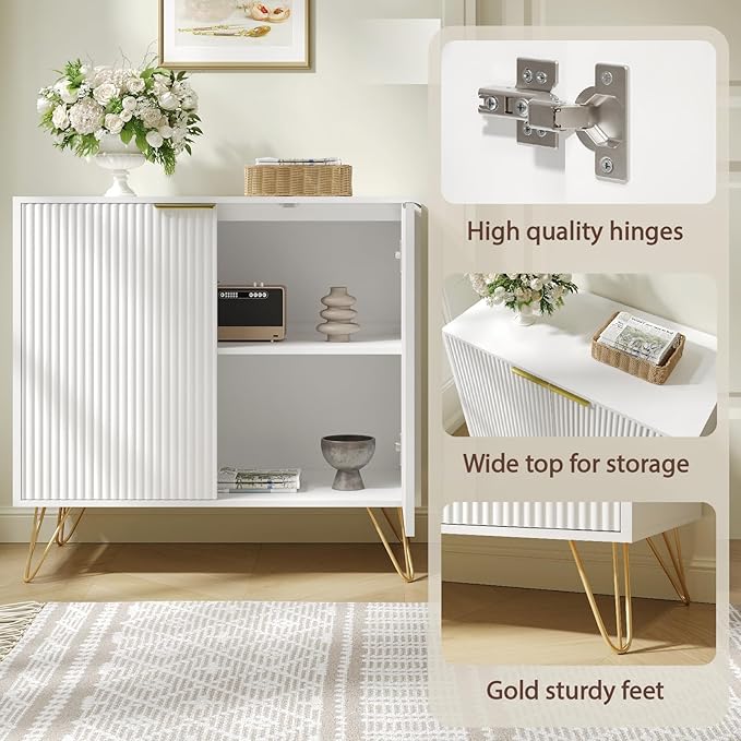 Fluted Storage Cabinet, Set of 3, Sideboard Buffet Cabinet, Modern Wood Accent Table with Adjustable Shelves, Console Table for Living Room, Hallway, Entryway, White
