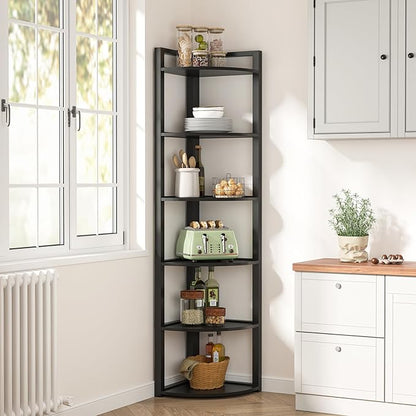 TRIBESIGNS WAY TO ORIGIN Corner Shelf, 70.9 Inch Tall Corner Bookshelf, 6 Tier Ladder Shelf with Metal Frames Multifunctional Modern Bookcase for Living Room, Home Office, Kitchen, Small Space (Black)