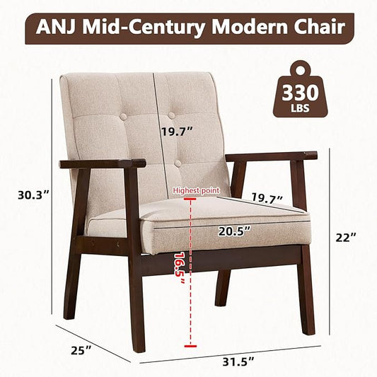 ANJ Mid Century Modern Accent Chairs Set of 2, Tufted Fabric Armchair with Solid Wood Frame, Comfy Retro Side Chair Reading Chair for Living Room, Bedroom，Beige