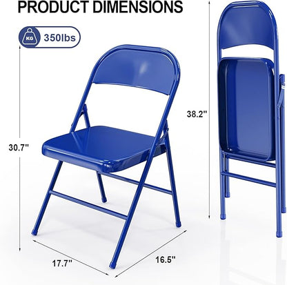 VINGLI Folding Chairs All Steel Metal Frame, Capacity 350 lbs, Durable Portable and Versatile for Indoor Outdoor Use, Navy Blue, Set of 8