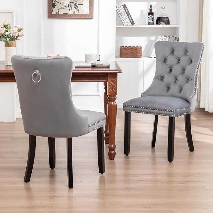 Velvet Dining Chairs Set of 6, Tufted Dining Room Chairs with Nailhead Ring Pull Trim, Upholstered Dining Chairs with Solid Wood Legs for Kitchen Dining Room (Grey)