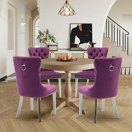 Velvet Upholstered Dining Chairs Set of 4, Modern Kitchen Side Chairs with Nailhead Trim and Silver Plated Leg, Metal Pulling Ring for Dining Room Living Room(Purple-Silver Plated Leg)