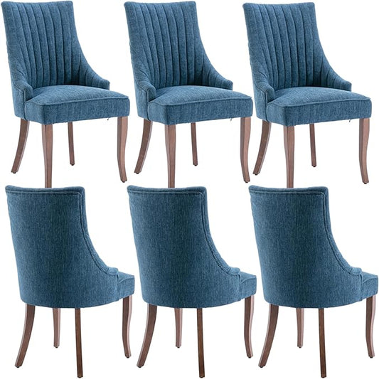 mikibama Linen Dining Chairs Set of 6 Channel Tufted Kitchen Dinner Chair Comfy Fabric Upholstered Accent Chair for Dining Room with Solid Wood Legs (Blue 6pc)