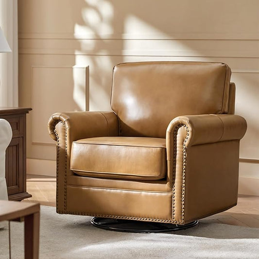 HULALA HOME Swivel Accent Chair Genuine Leather Barrel Rocker Chair with Metal Base Transitional Armchair Padded Round Armrest, Camel