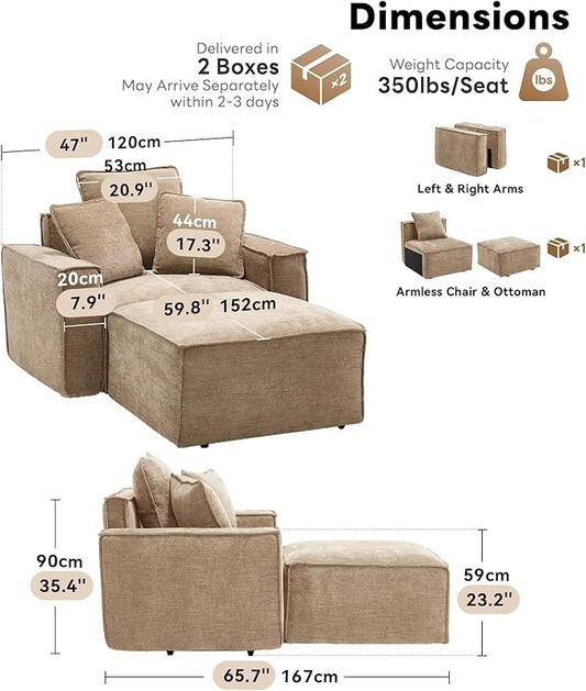 WILLOVE 47'' Single Sofa with Ottoman, Chenille Cloud Couch with Wide Armrests & 3 Pillows, Deep Seat Couches for Living Room, Khaki